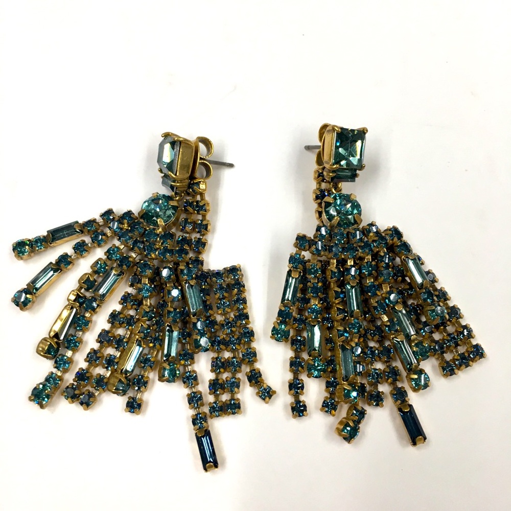 J Crew Rhinestone Earrings Gold Tone Green Double sided